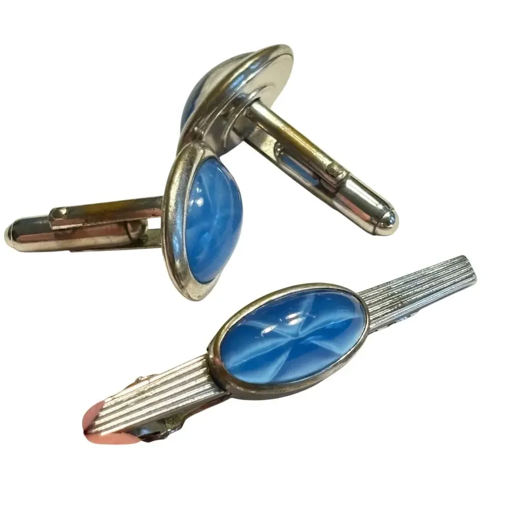 Vintage Anson silver & blue starburst men’s jewelry set cufflinks & tie bar clip